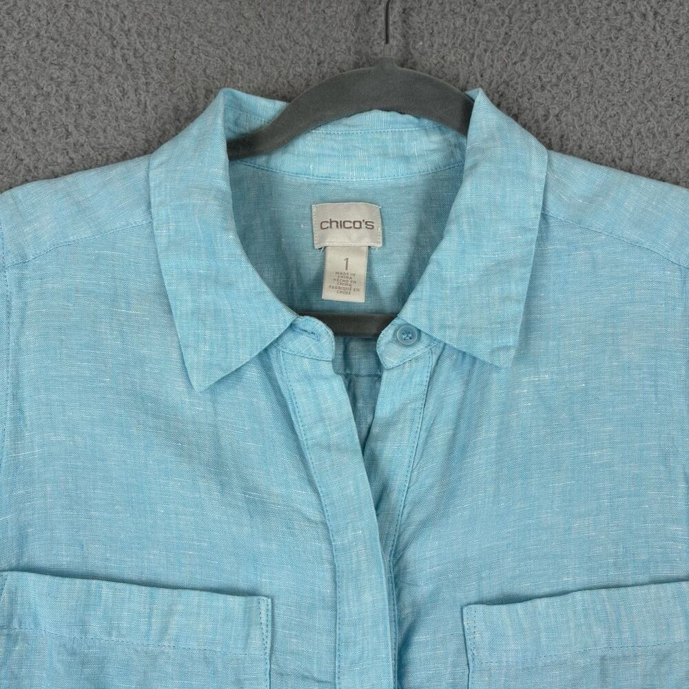 Chicos 100% Linen Tunic Dress Medium Aqua Beachy Coastal Resort Cruise Natural - Picture 2 of 12